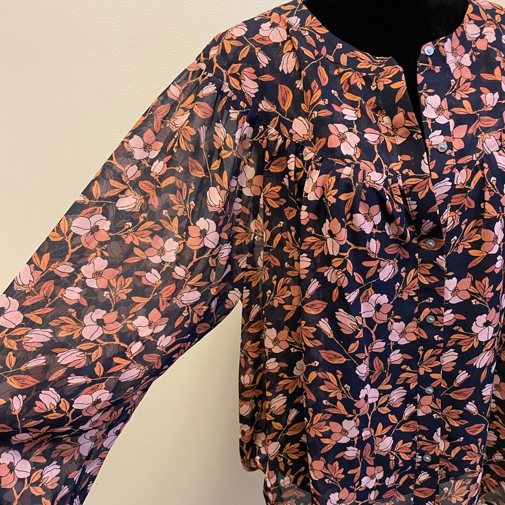 LOFT Navy Blue Floral Long Sleeve Button Up Blouse - Picture 2 of 6